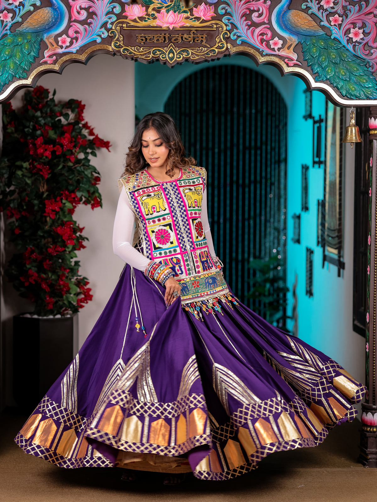 Gujarati Purple Hand Work Chaniya Choli with Jacket – Malbari Silk Lehenga Set