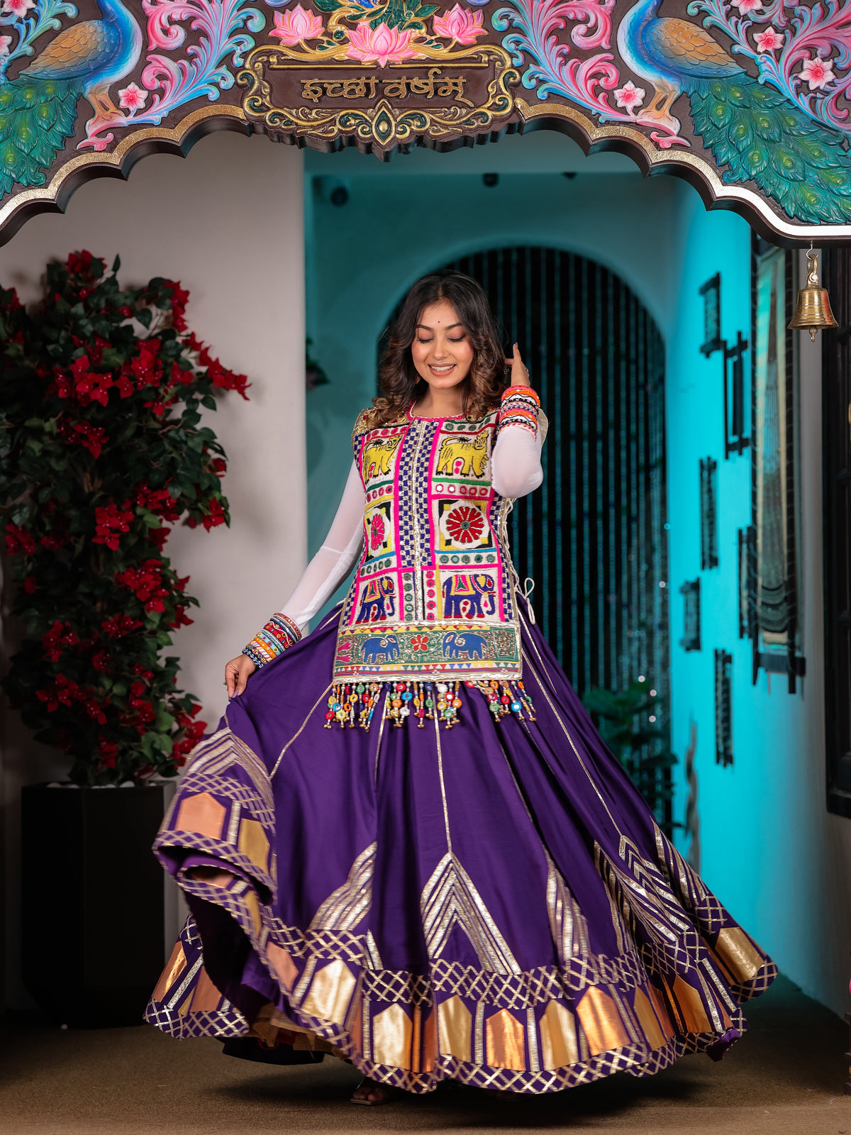 Gujarati Purple Hand Work Chaniya Choli with Jacket – Malbari Silk Lehenga Set