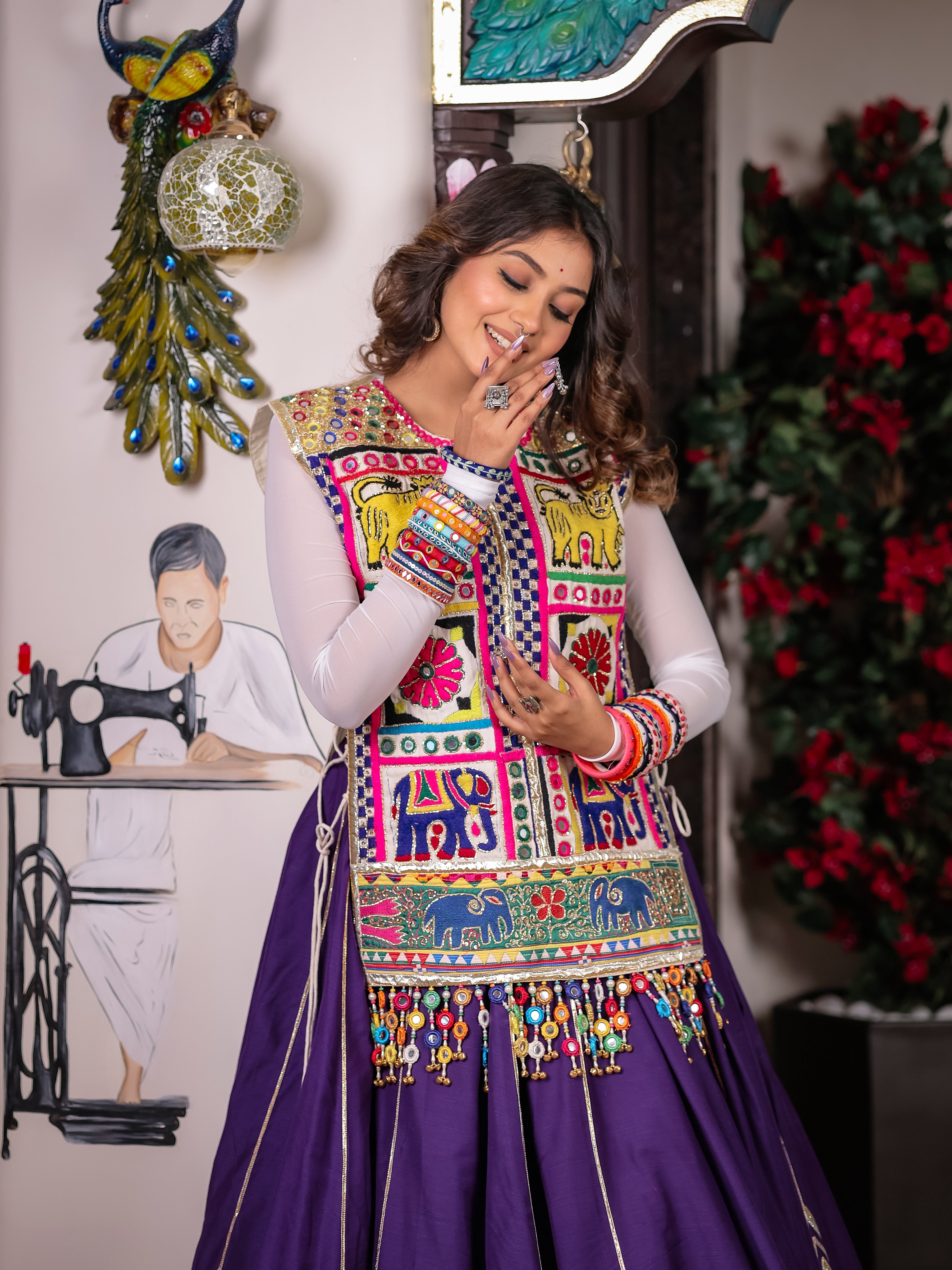 Gujarati Purple Hand Work Chaniya Choli with Jacket – Malbari Silk Lehenga Set