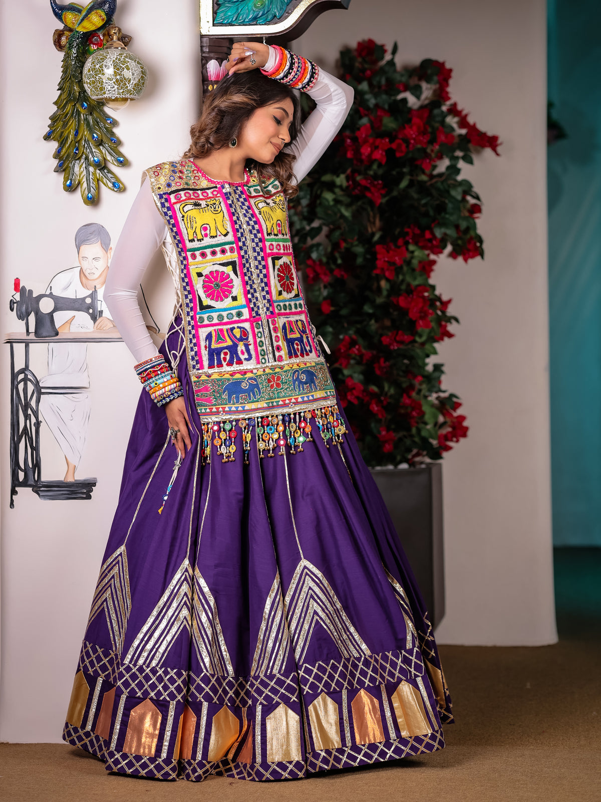 Gujarati Purple Hand Work Chaniya Choli with Jacket – Malbari Silk Lehenga Set
