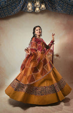 Yellow and Maroon Kalamkari Lehenga