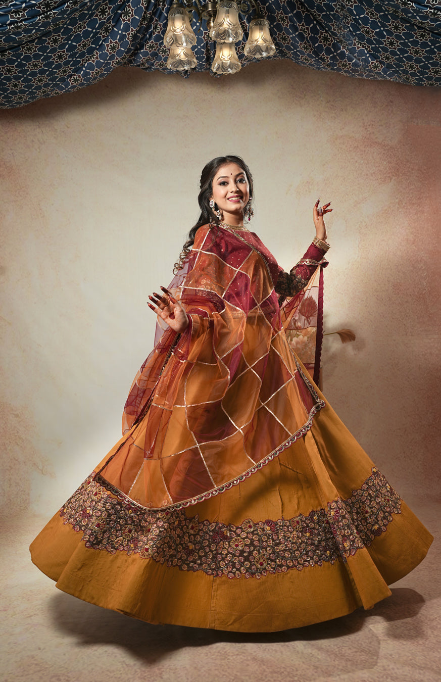 Yellow and Maroon Kalamkari Lehenga