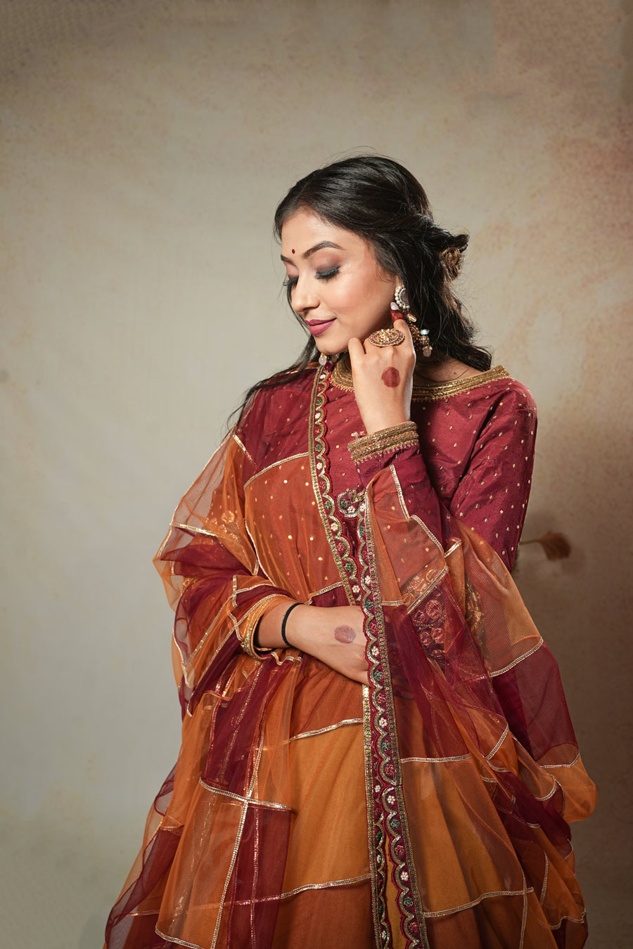 Yellow and Maroon Kalamkari Lehenga