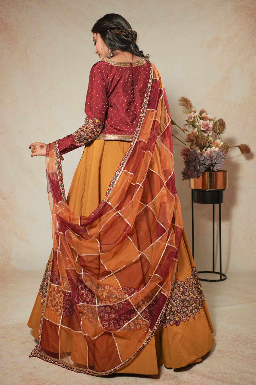 Yellow and Maroon Kalamkari Lehenga