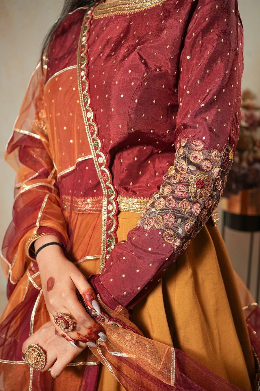 Yellow and Maroon Kalamkari Lehenga
