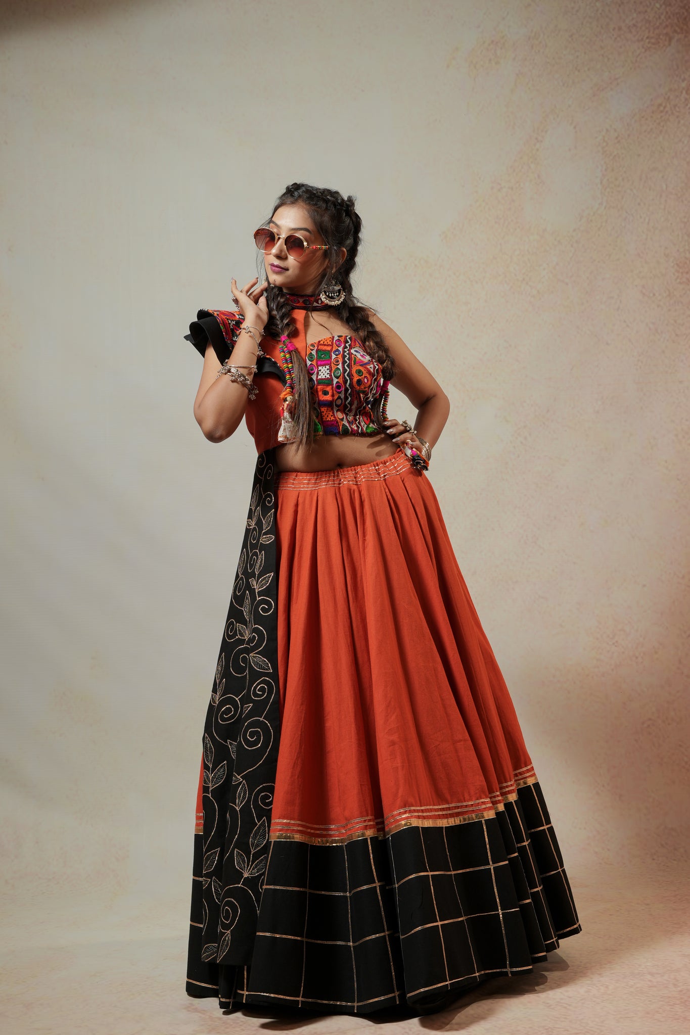 Rust Orange Black Lehenga Choli