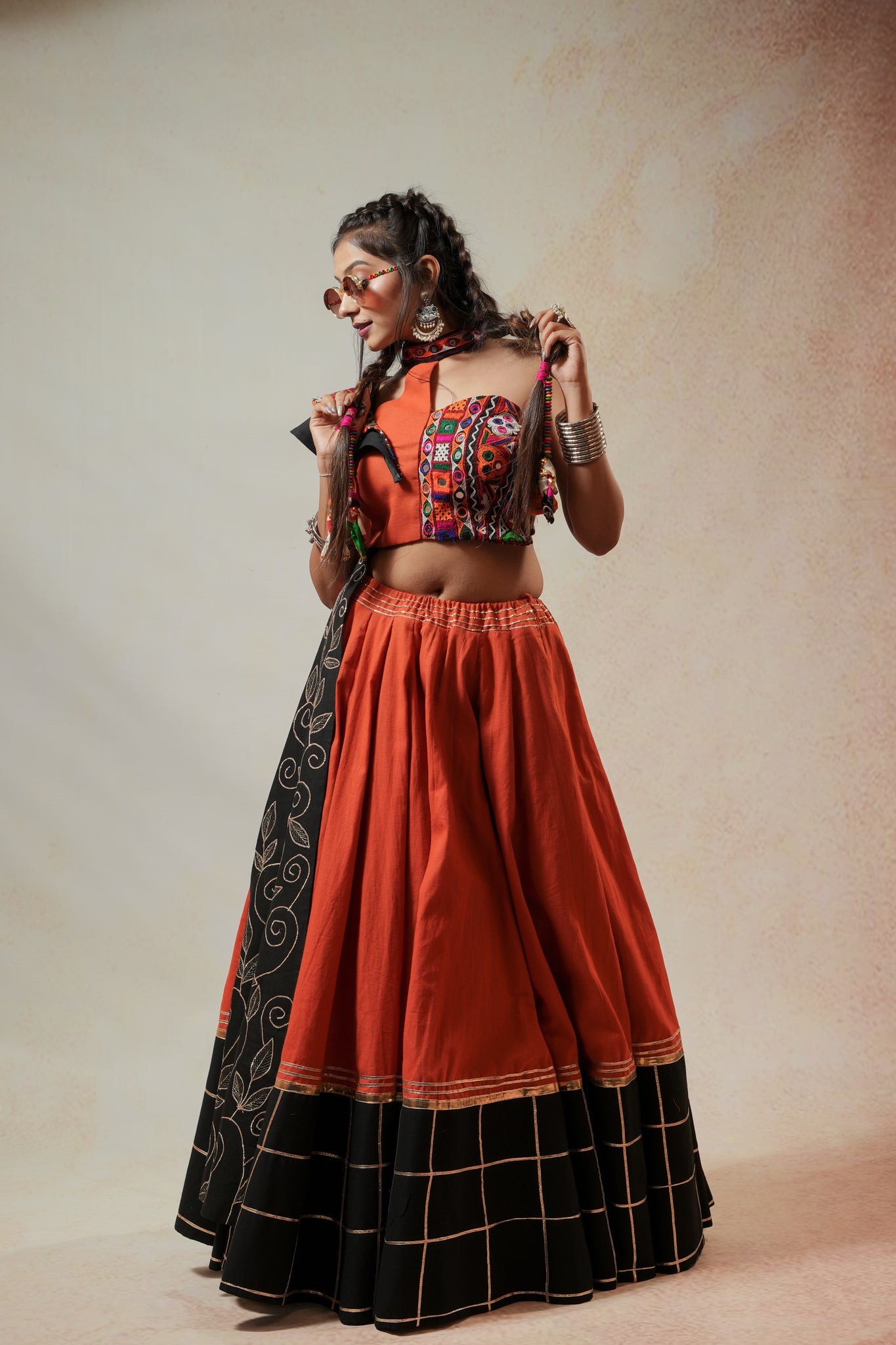 Rust Orange Black Lehenga Choli