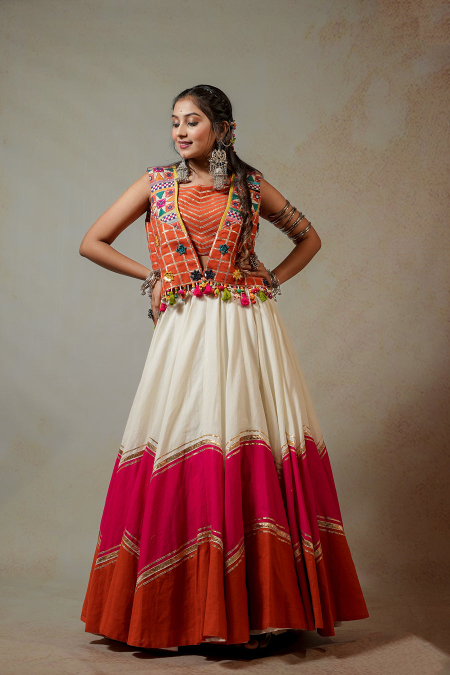 Rust Orange White Lehenga Choli