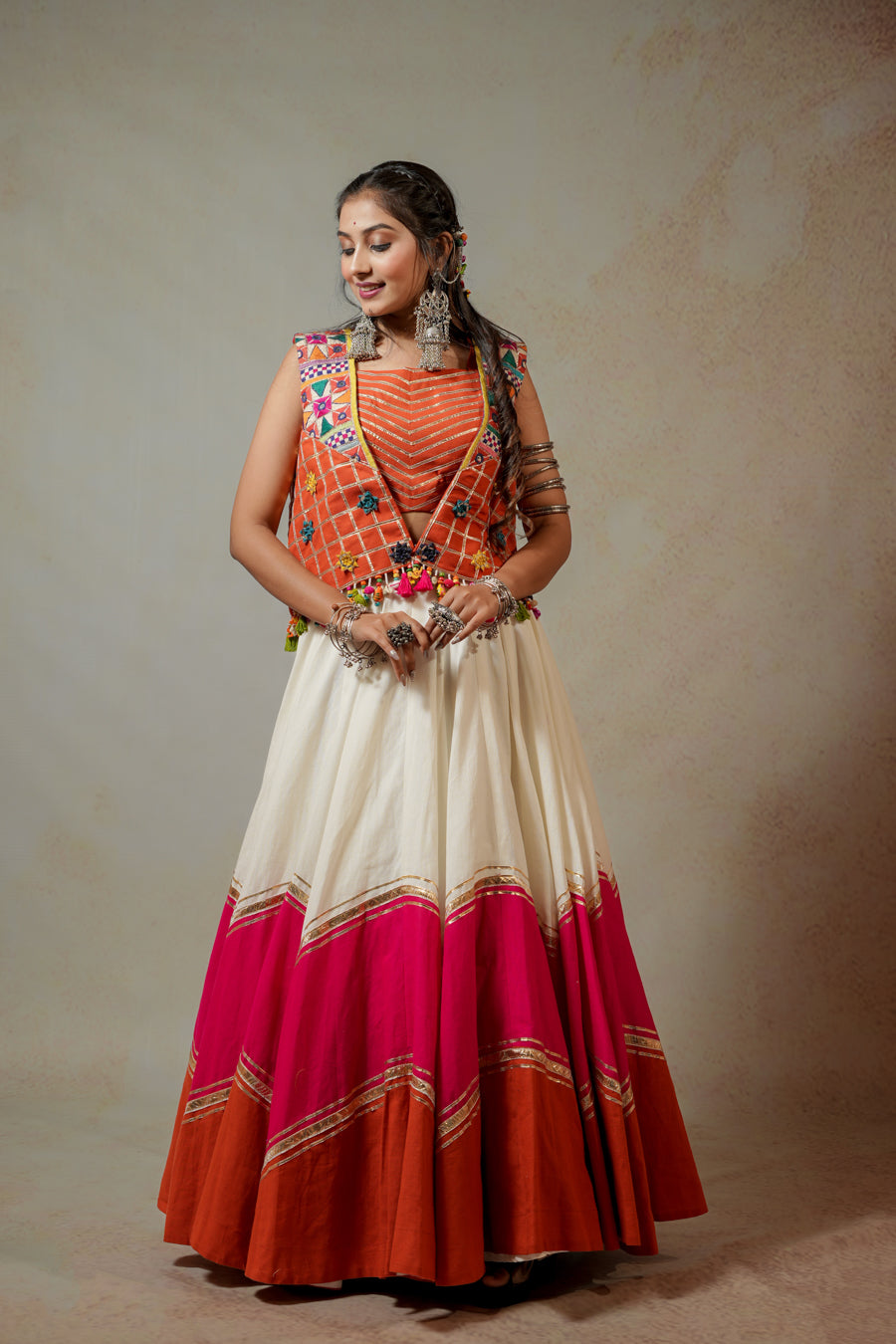 Rust Orange White Lehenga Choli