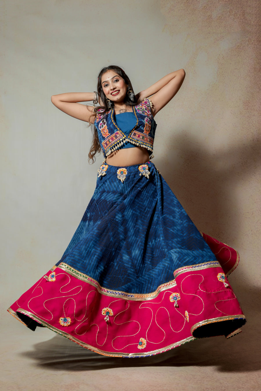 Pink Blue Denim Lehenga Choli