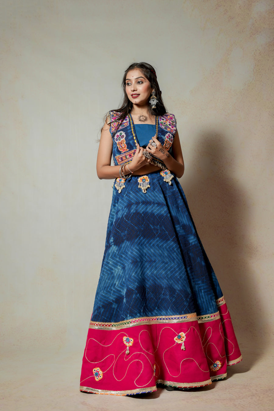 Pink Blue Denim Lehenga Choli