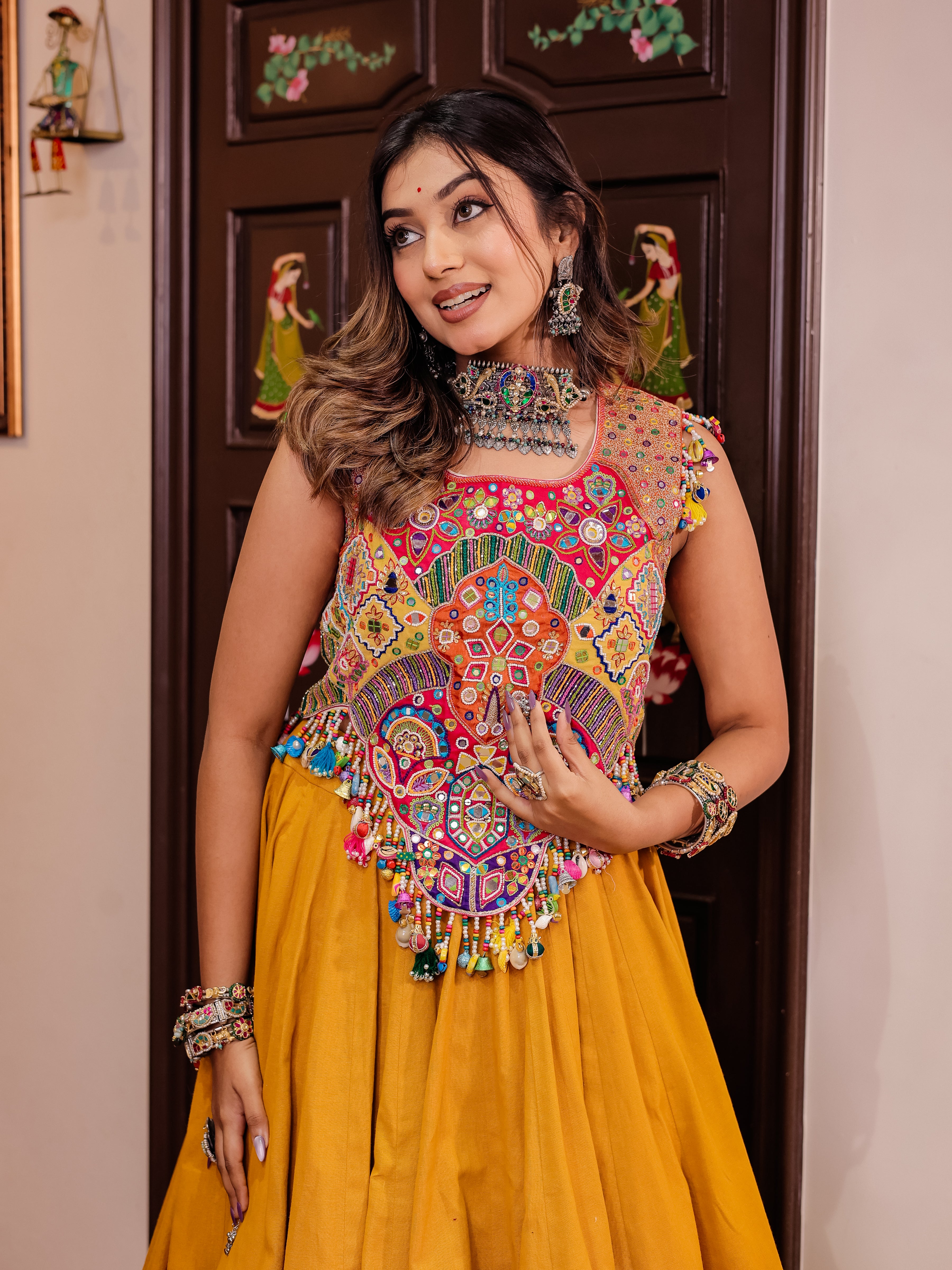 Yellow Handwork Khadi Designer Skirt & Blouse Set