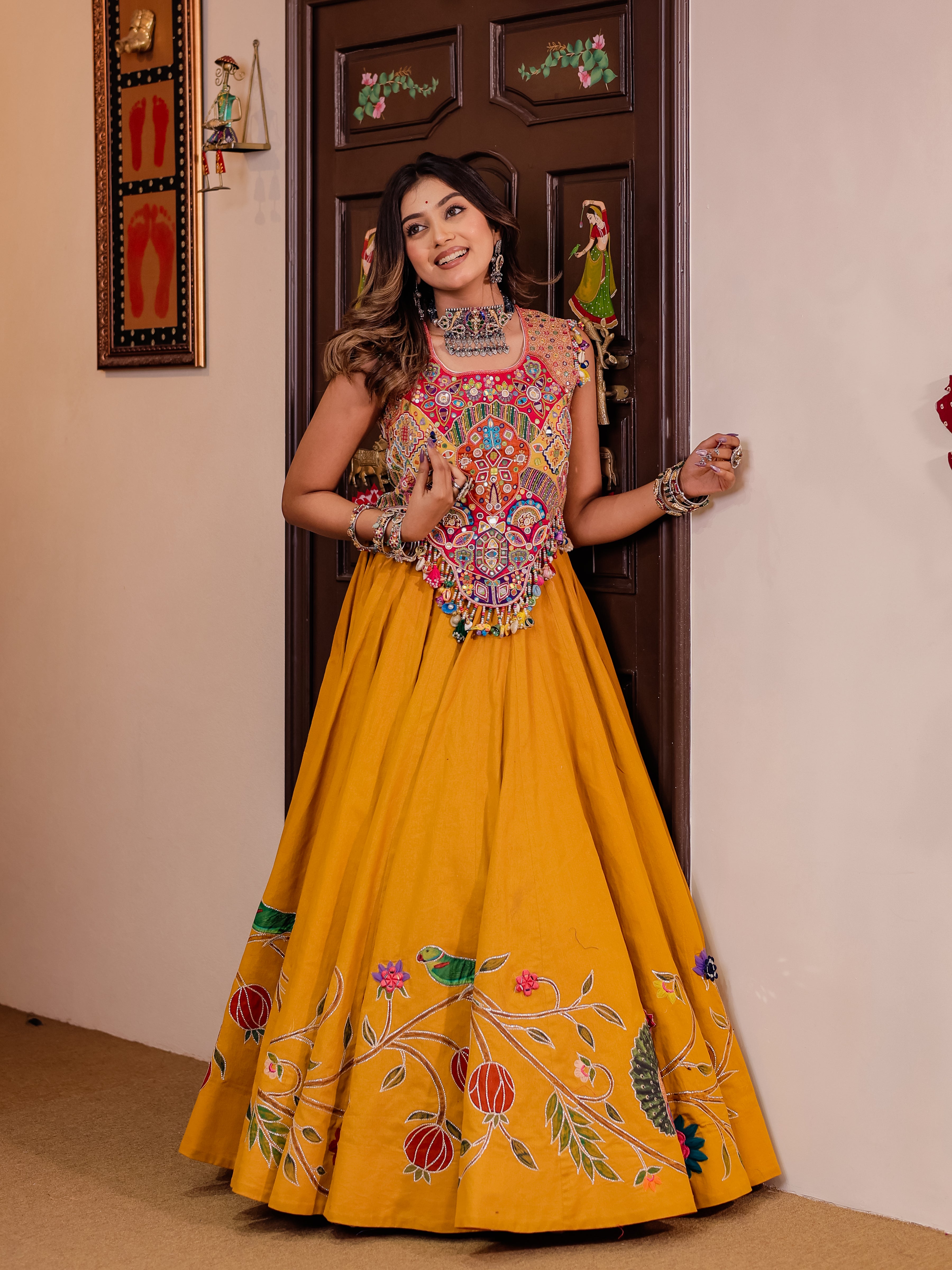 Yellow Handwork Khadi Designer Skirt & Blouse Set