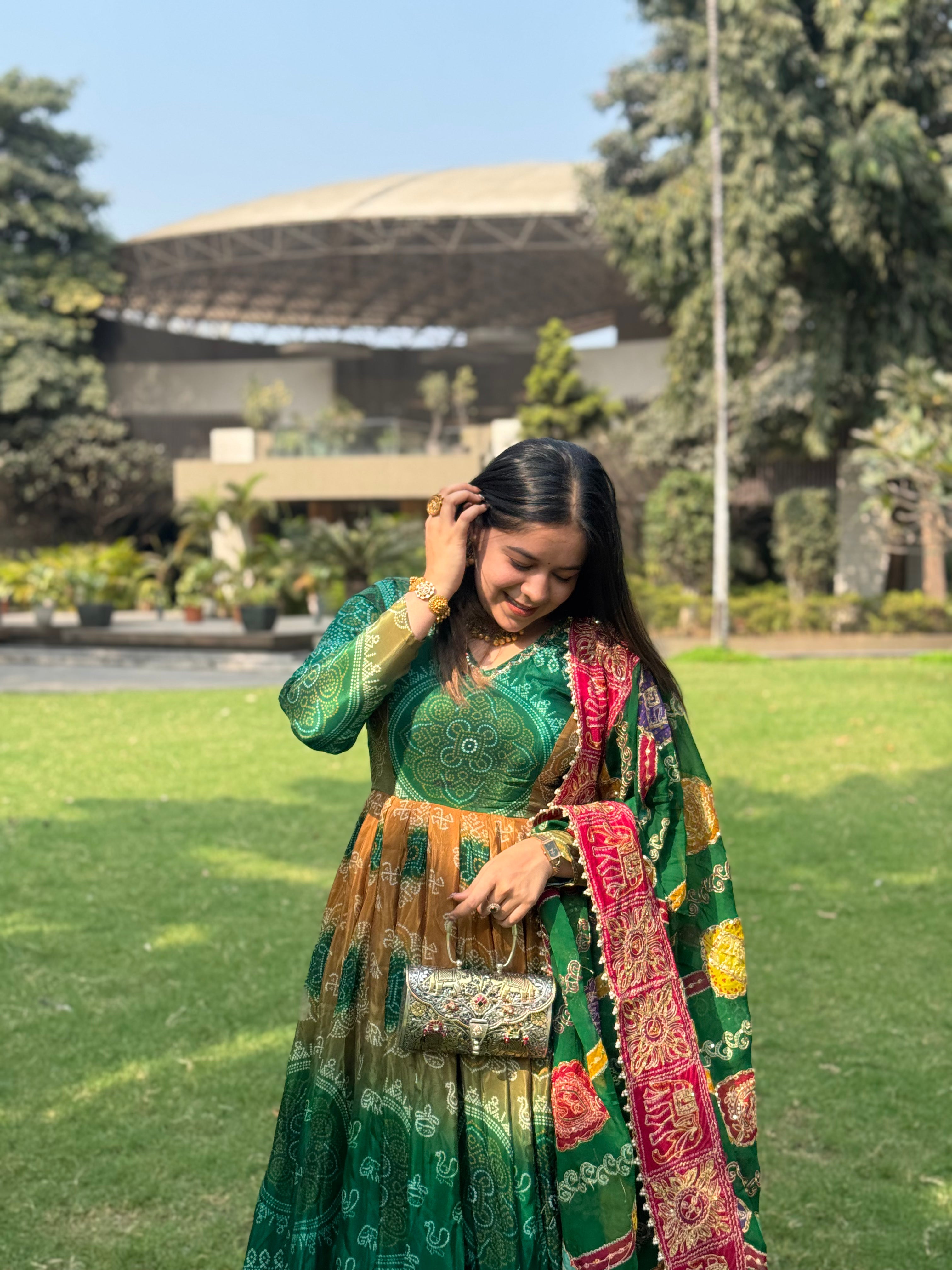 Green Bandhani Silk Anarkali Suit for Women