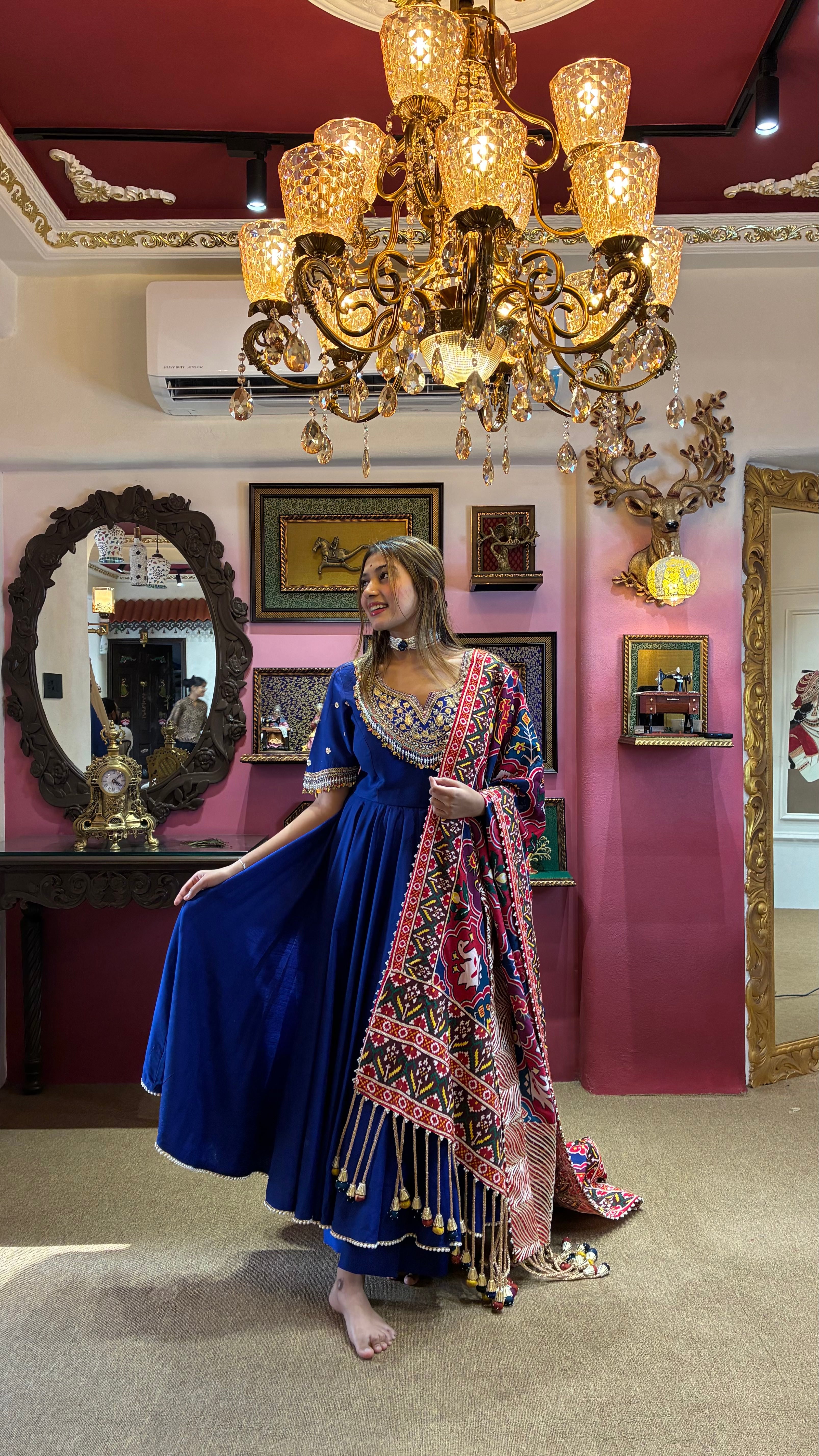 Royal Blue Hand-Embroidered Anarkali Set With Patola  Dupatta