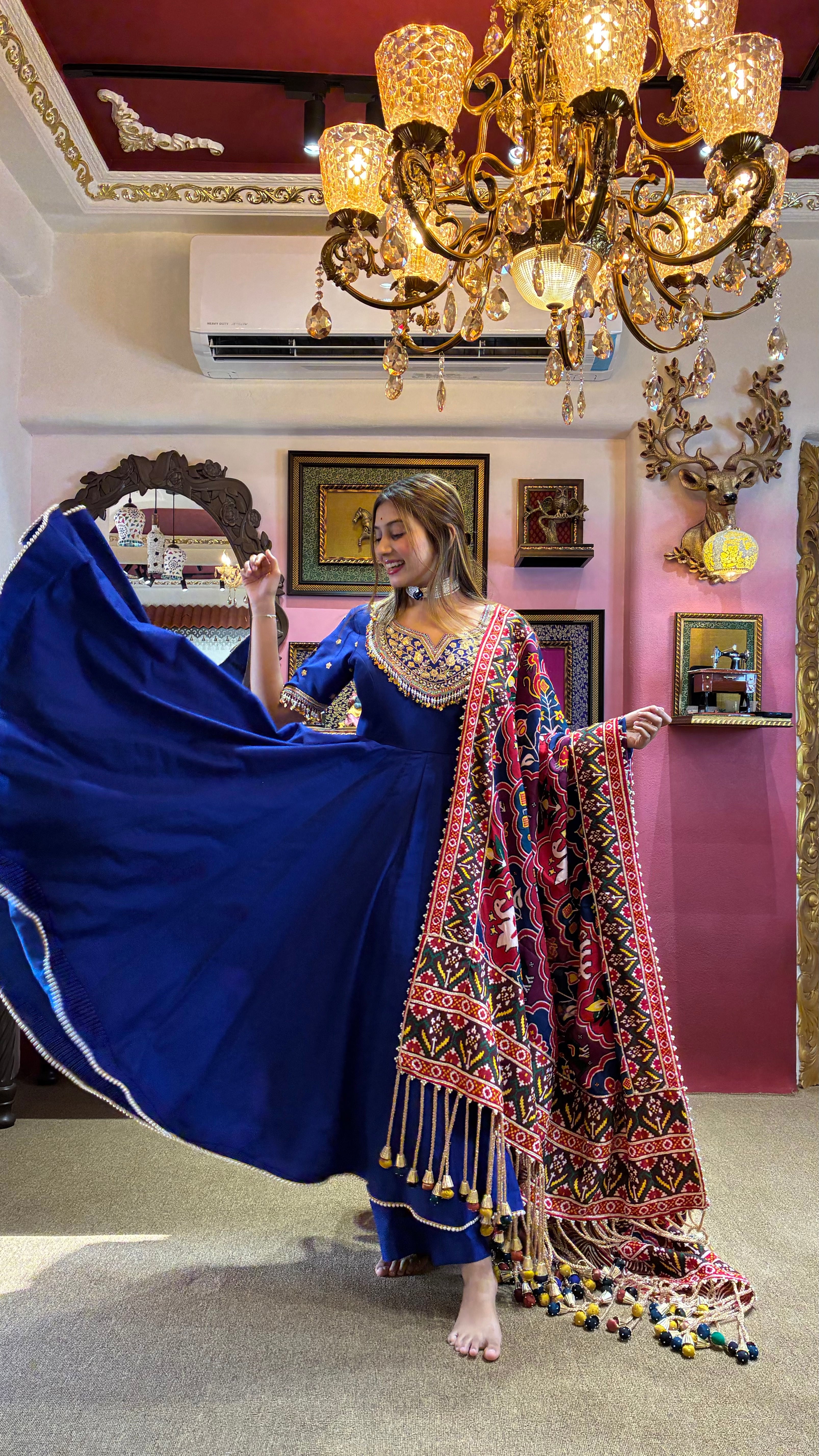 Royal Blue Hand-Embroidered Anarkali Set With Patola  Dupatta