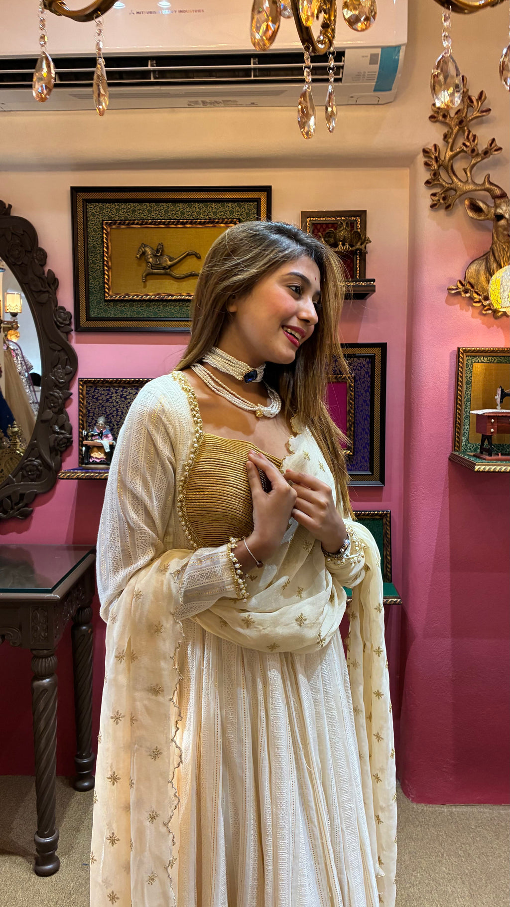 Ivory Gold Anarkali Set with Moti Dupatta