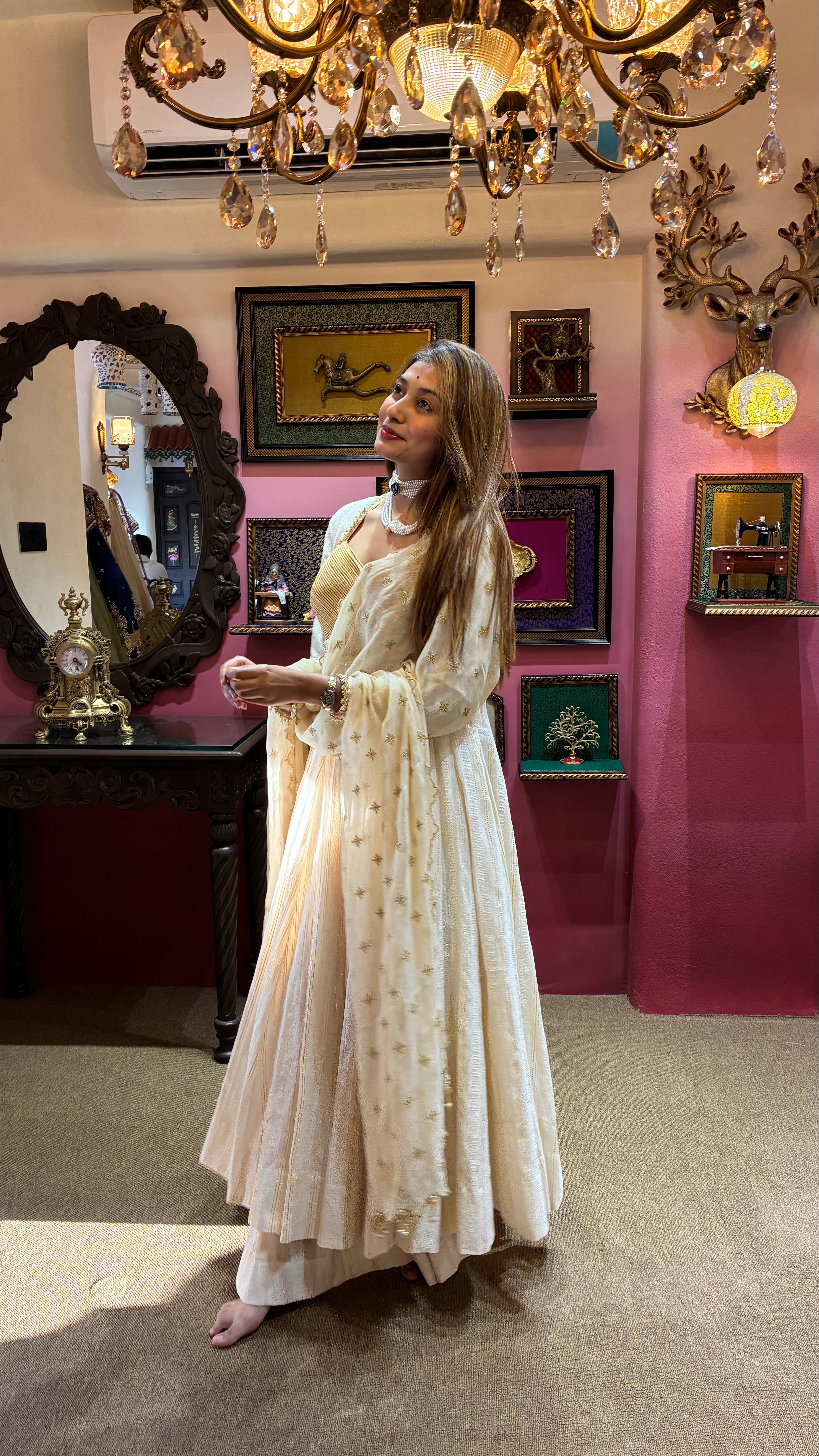 Ivory Gold Anarkali Set with Moti Dupatta