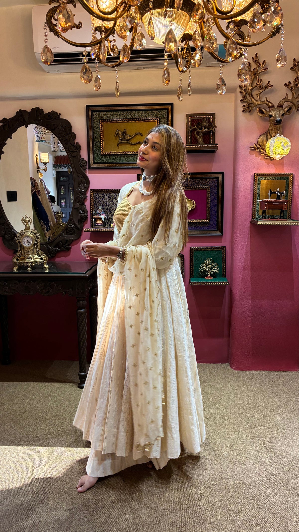 Ivory Gold Anarkali Set with Moti Dupatta