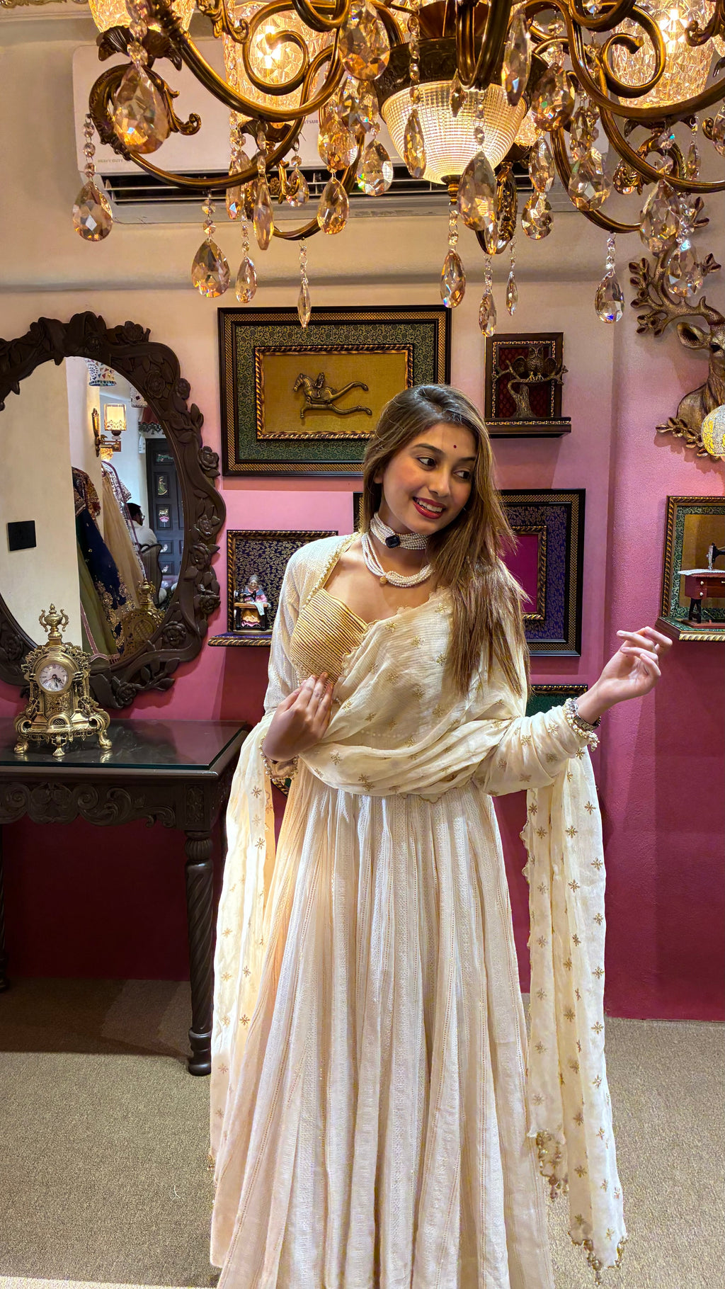 Ivory Gold Anarkali Set with Moti Dupatta