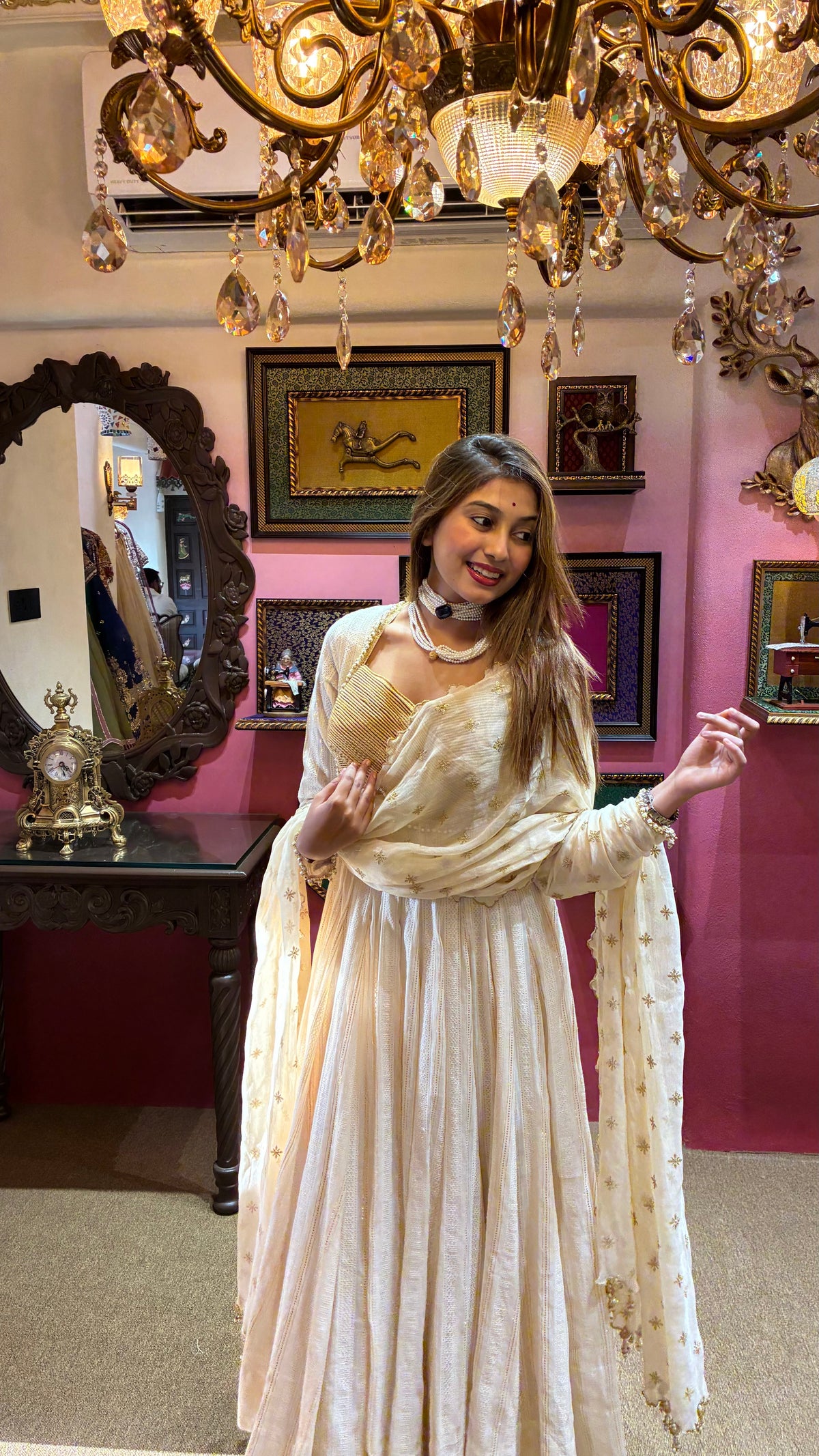 Ivory Gold Anarkali Set with Moti Dupatta