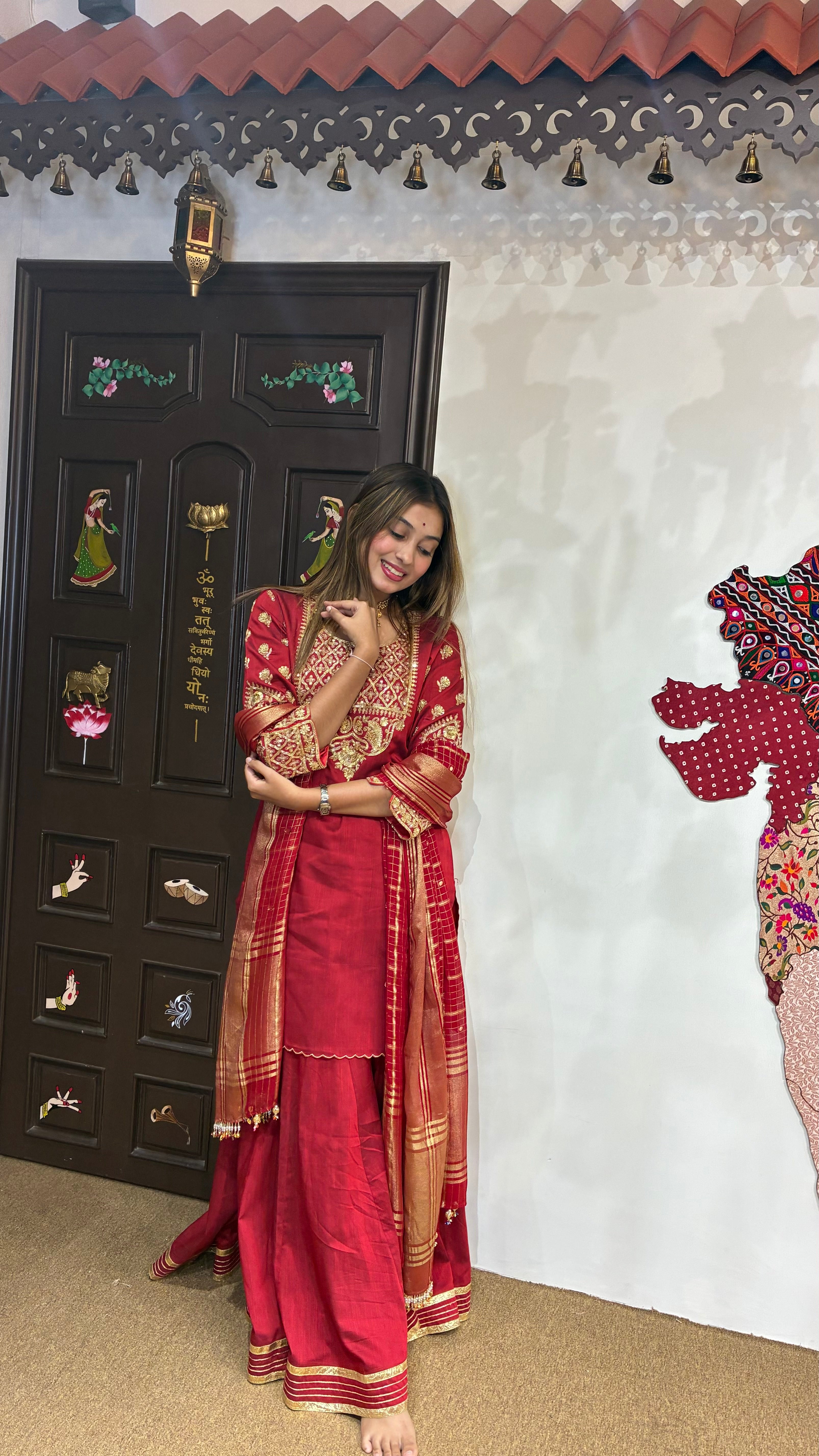 Regal Red Hand-Embroidered Kurta Set with Dupatta.