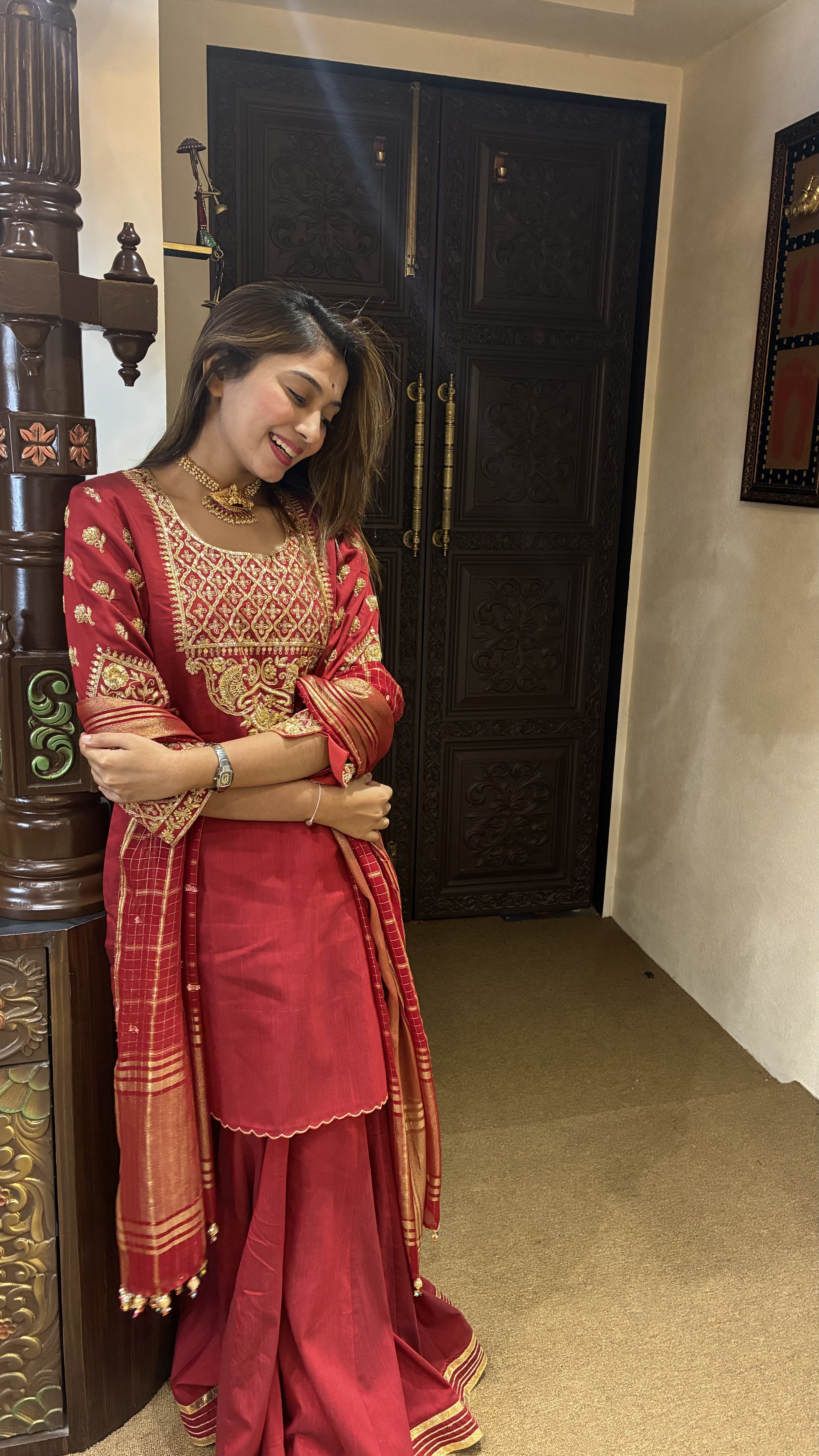 Regal Red Hand-Embroidered Kurta Set with Dupatta.