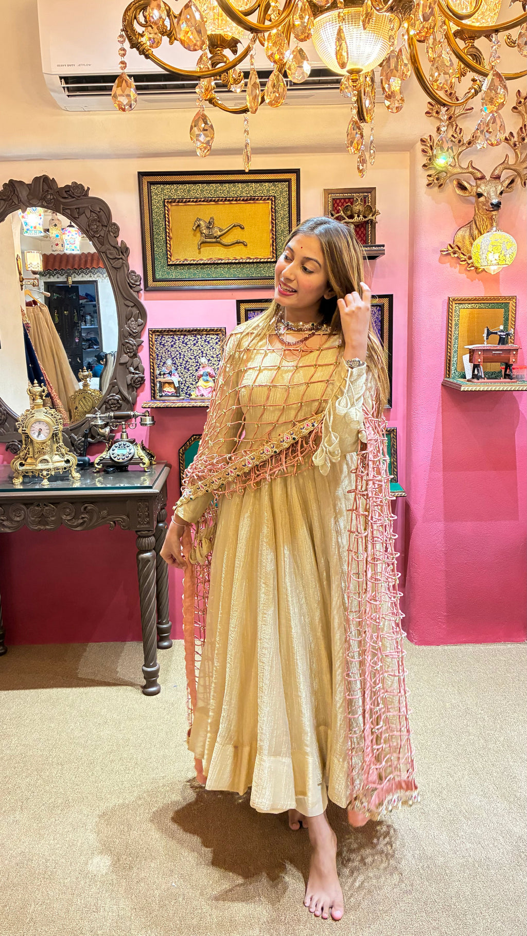 Ivory Gold Handcrafted Anarkali Set with Dupatta