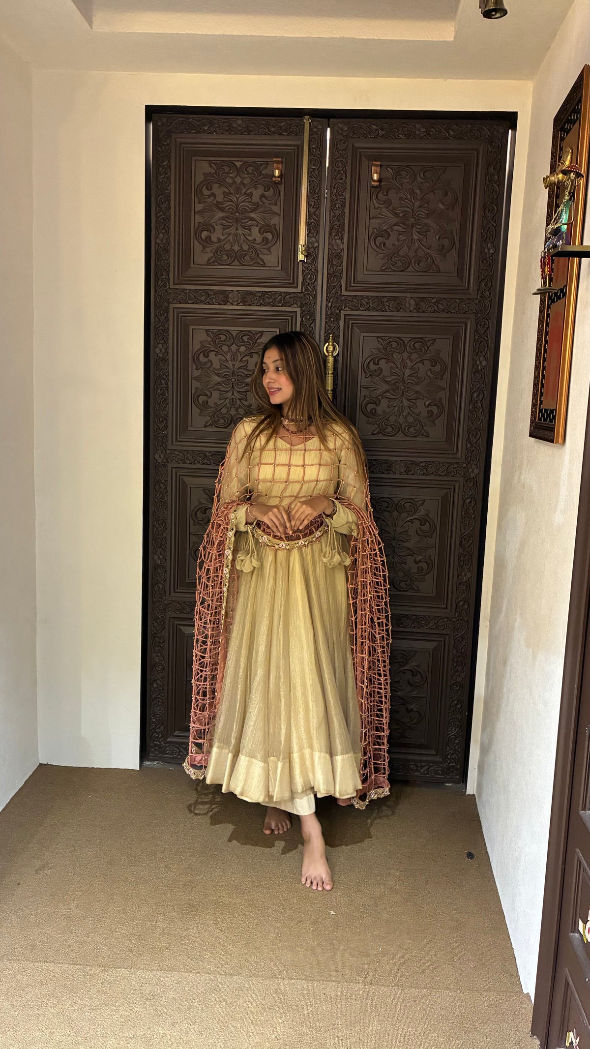 Ivory Gold Handcrafted Anarkali Set with Dupatta