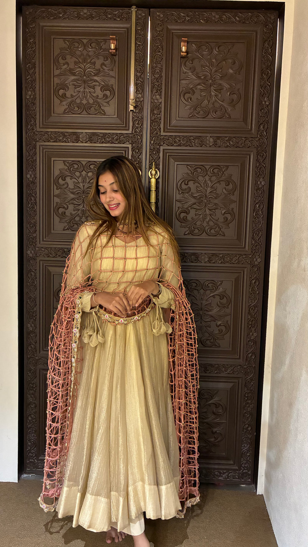Ivory Gold Handcrafted Anarkali Set with Dupatta