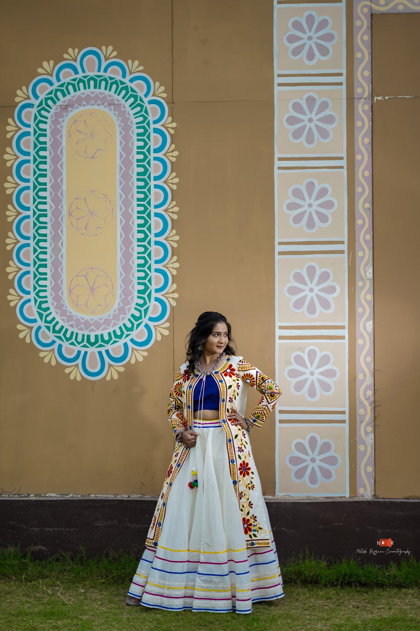 White,Royal Blue Lehenga