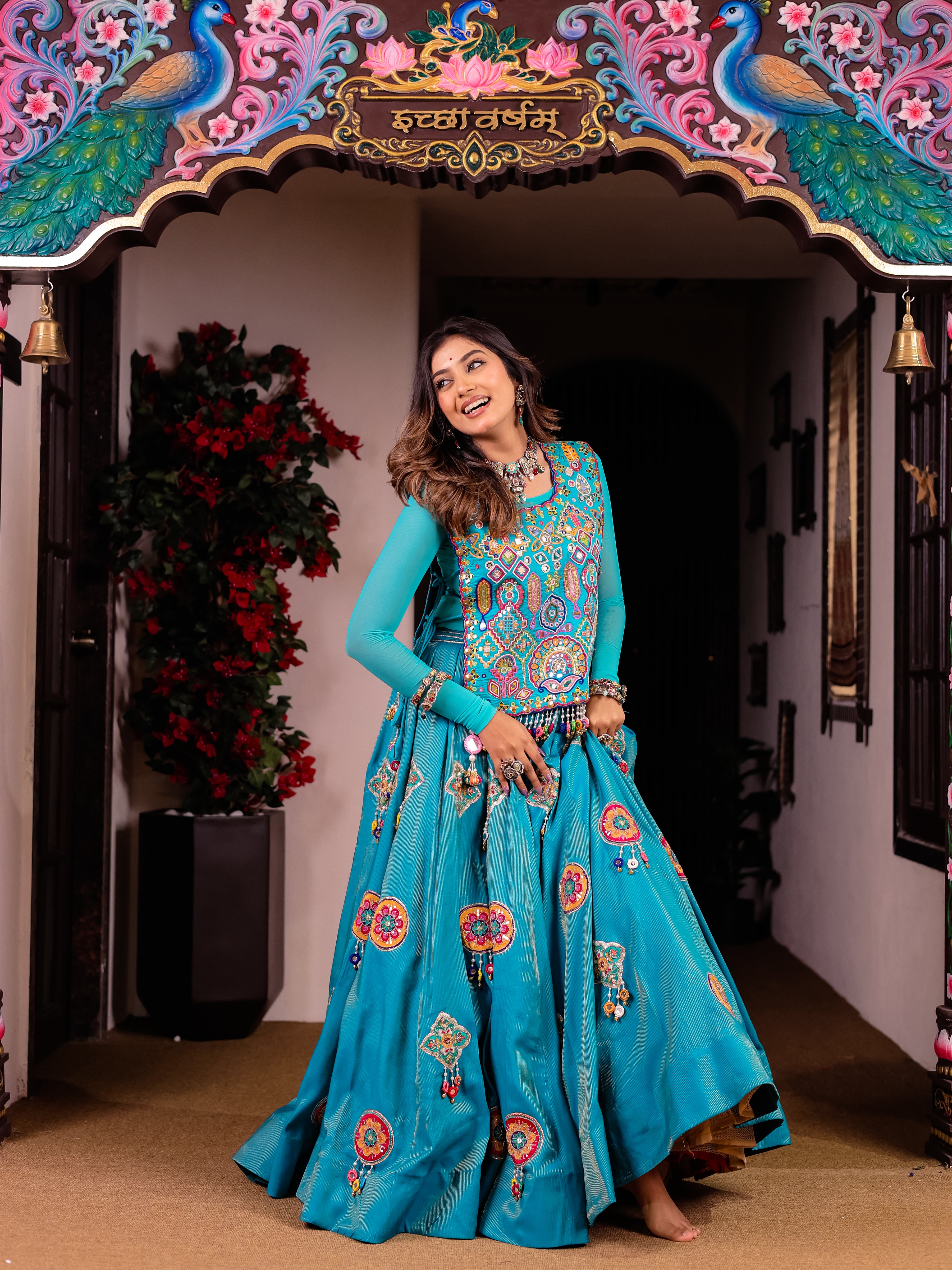 Firoz Sky Blue Handwork Malbari Silk Designer Set
