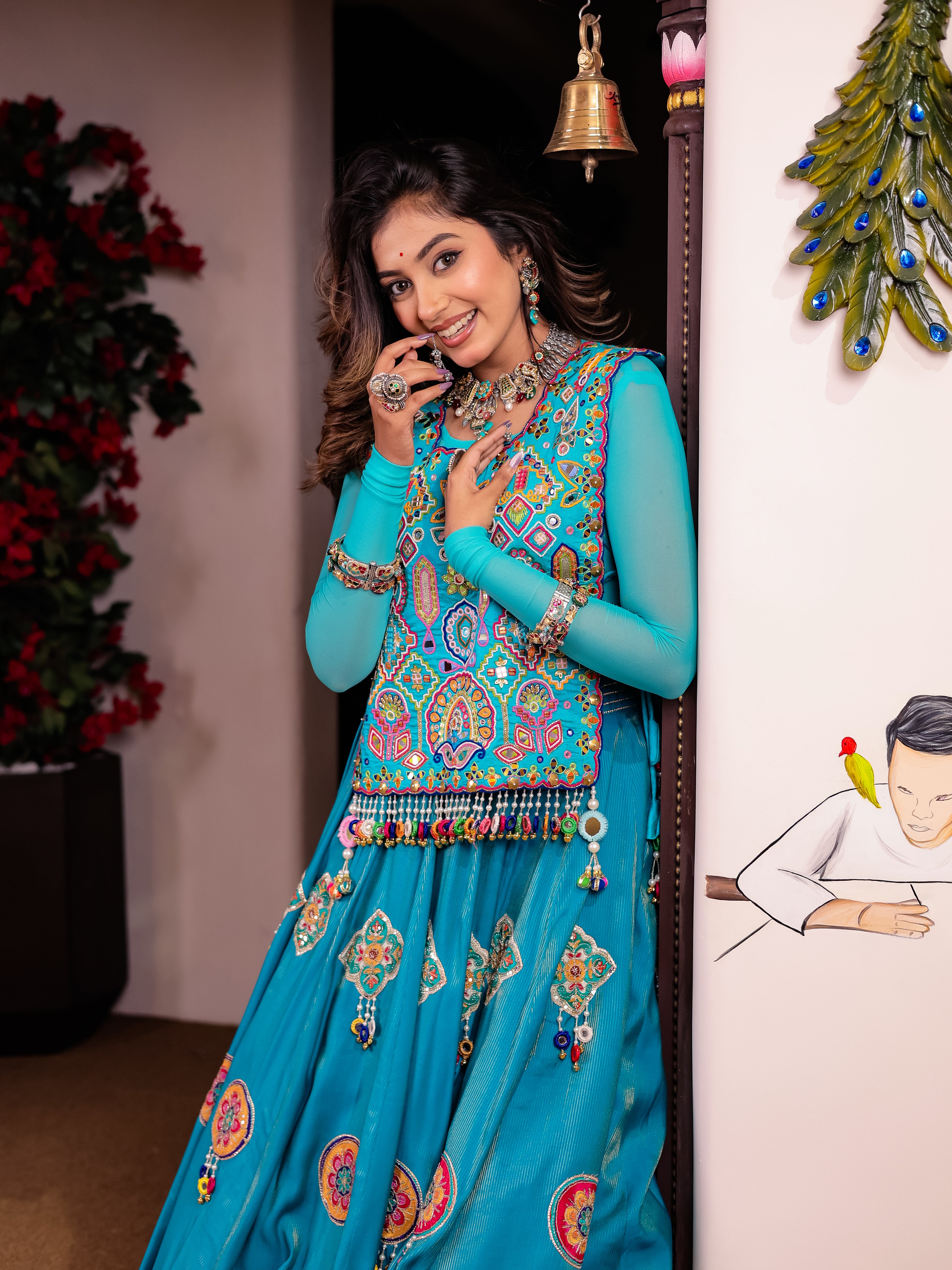 Firoz Sky Blue Handwork Malbari Silk Designer Set