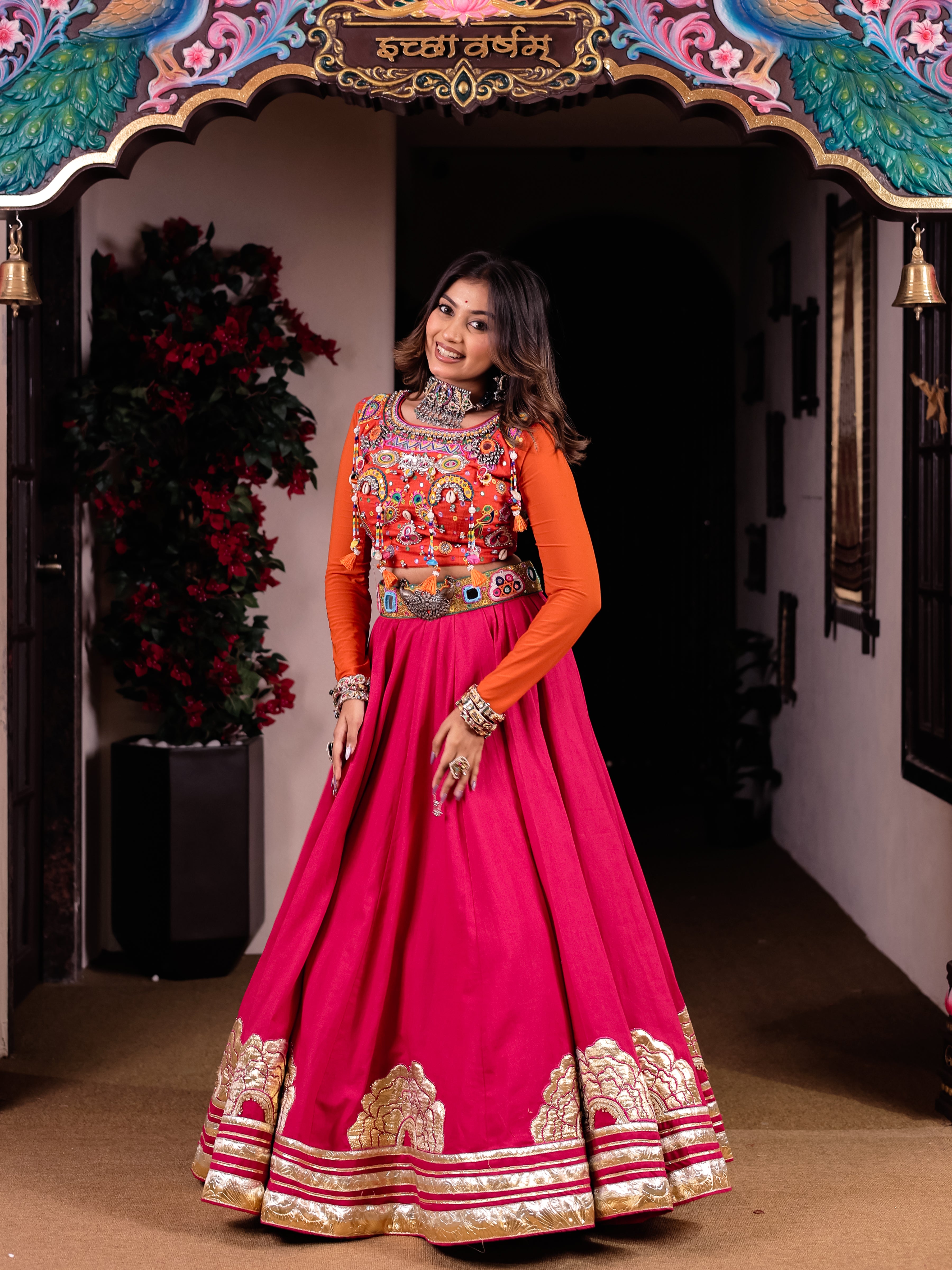 Cool Pink Orange Handwork Khadi Designer Skirt & Blouse Set