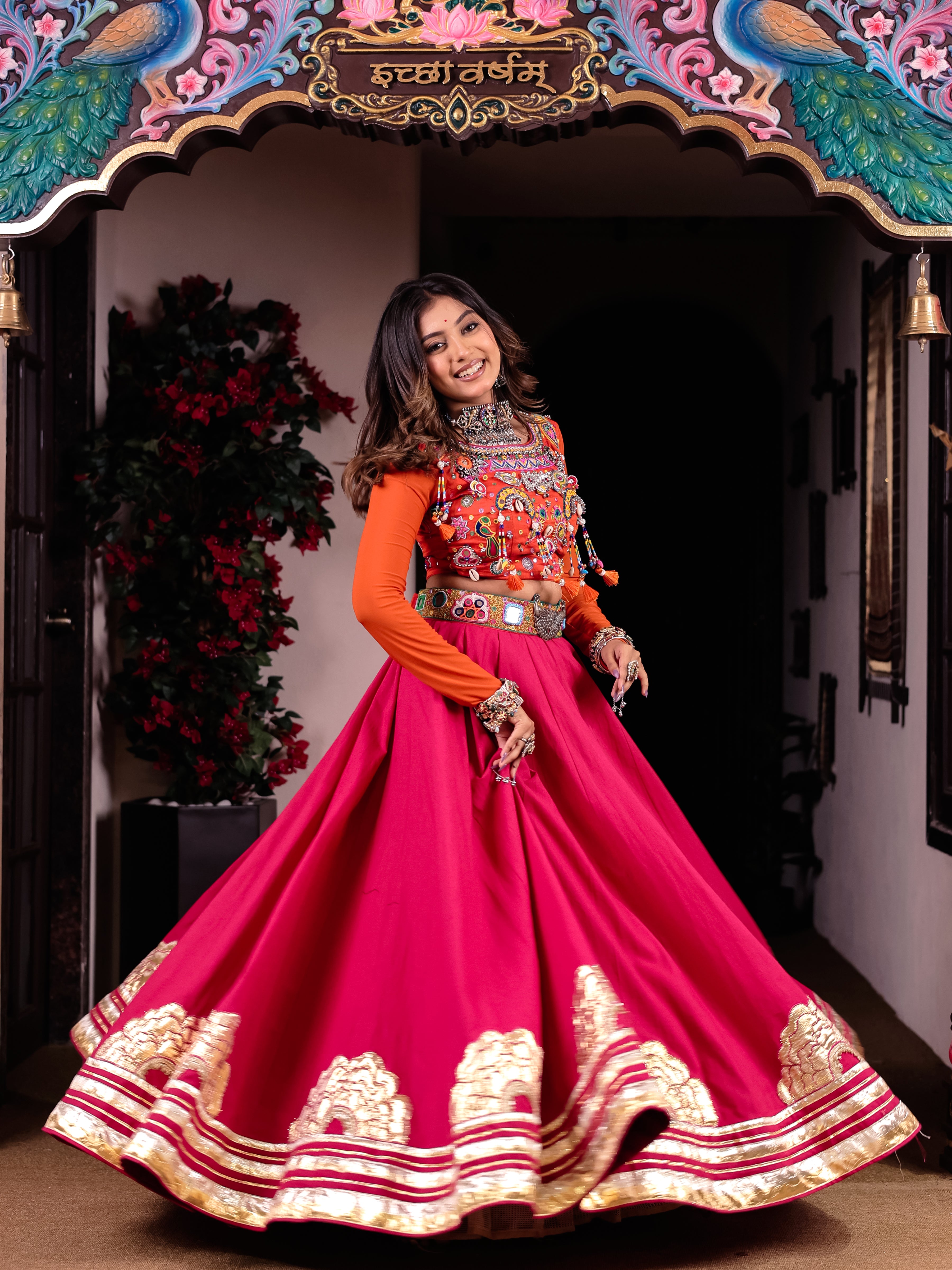 Cool Pink Orange Handwork Khadi Designer Skirt & Blouse Set
