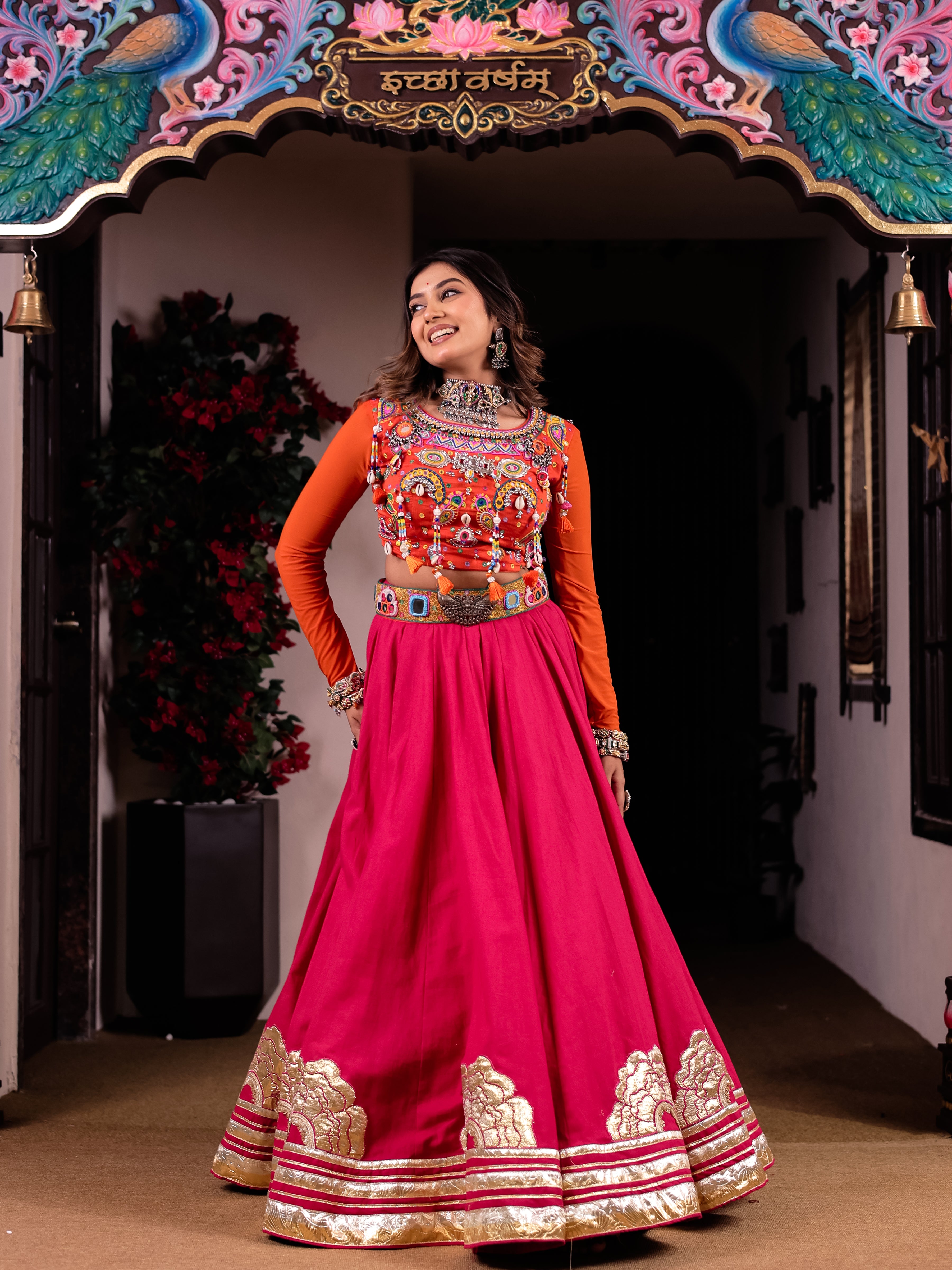 Cool Pink Orange Handwork Khadi Designer Skirt & Blouse Set