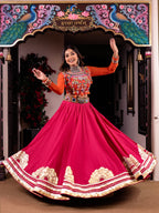 Cool Pink Orange Handwork Khadi Designer Skirt & Blouse Set