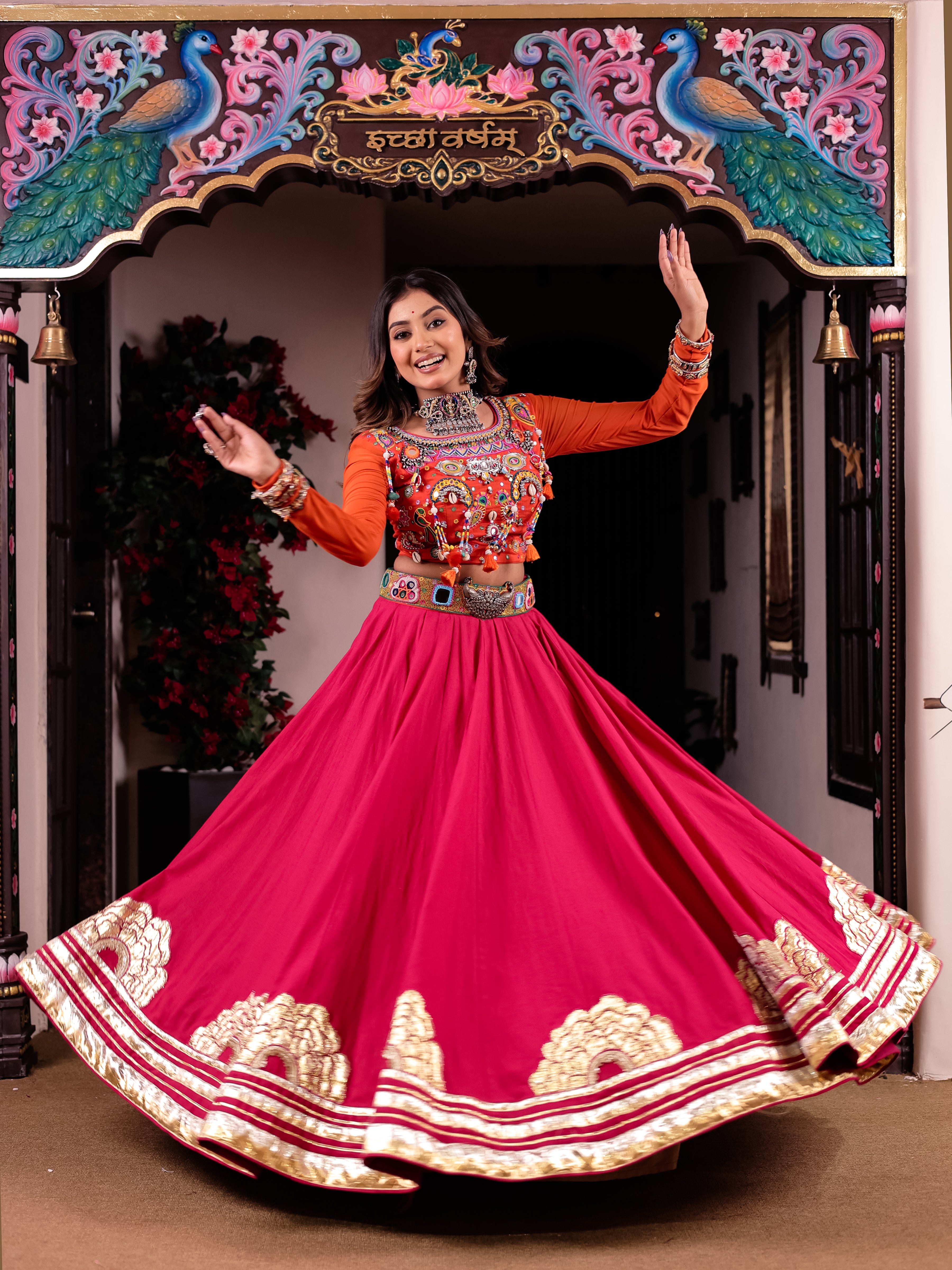 Cool Pink Orange Handwork Khadi Designer Skirt & Blouse Set