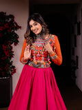 Cool Pink Orange Handwork Khadi Designer Skirt & Blouse Set