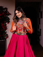 Cool Pink Orange Handwork Khadi Designer Skirt & Blouse Set