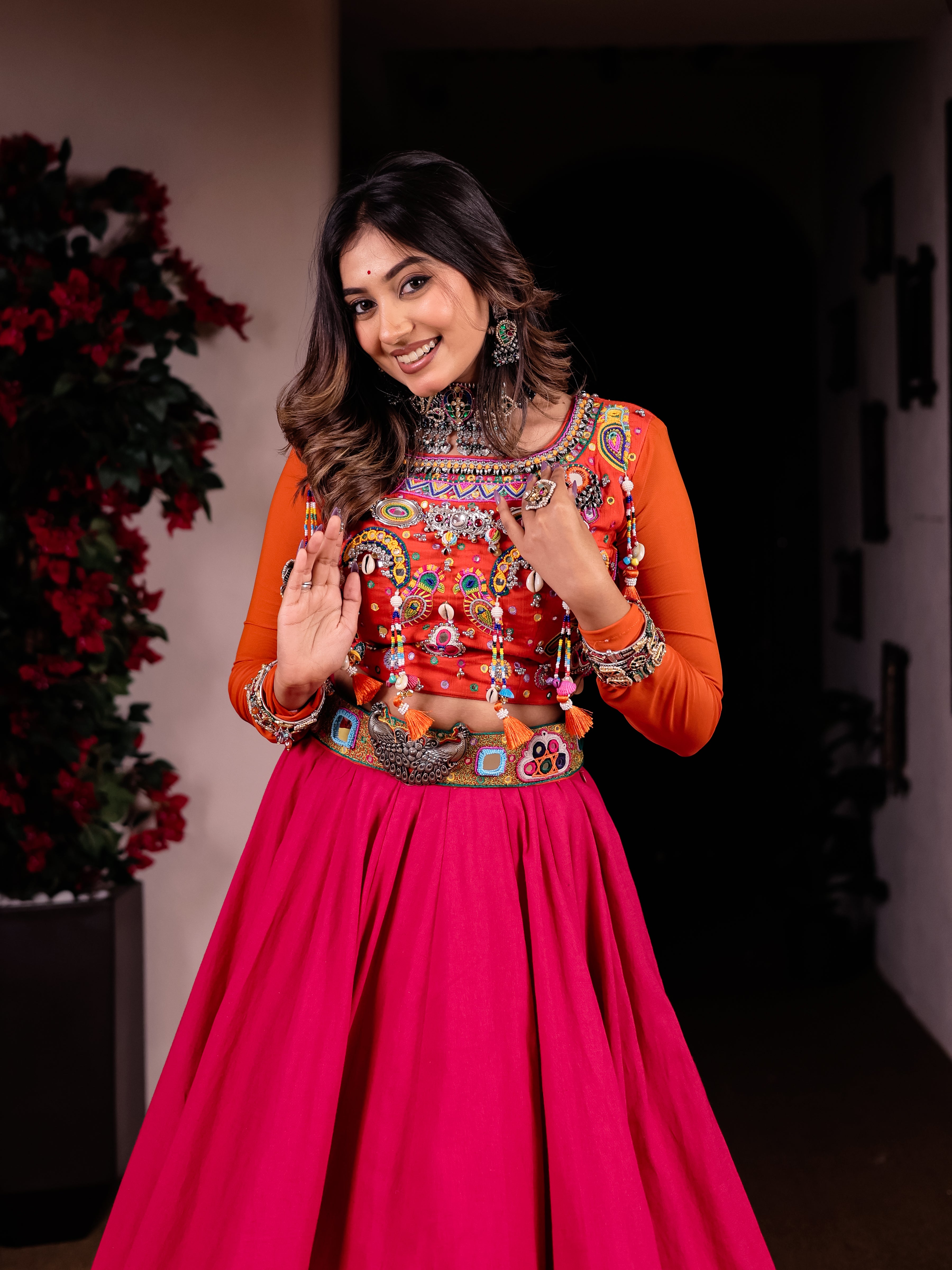 Cool Pink Orange Handwork Khadi Designer Skirt & Blouse Set