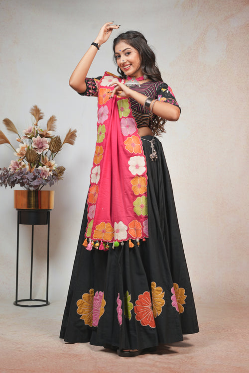 Black and Pink Flower Lehenga