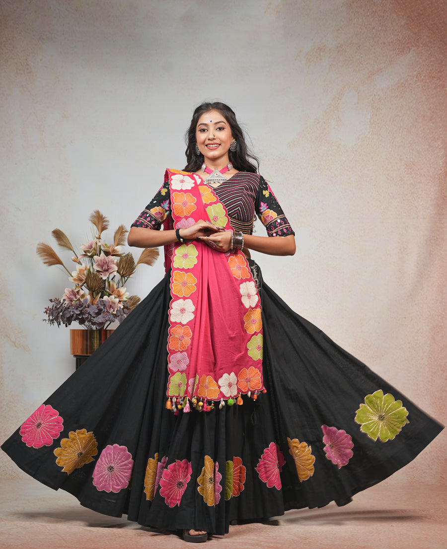 Black and Pink Flower Lehenga