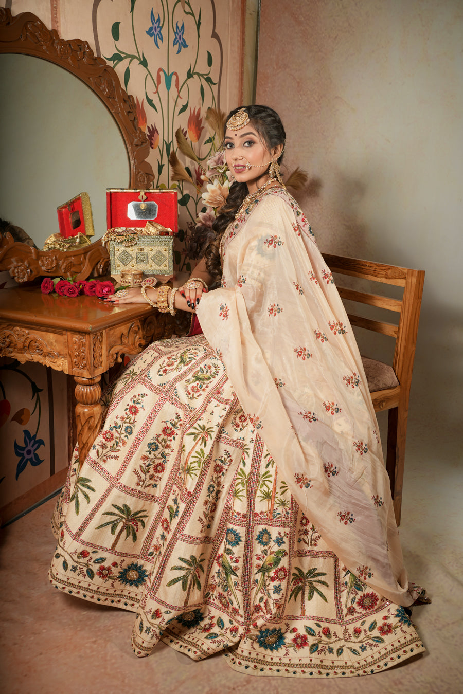 Off White Parrot Lehenga Set