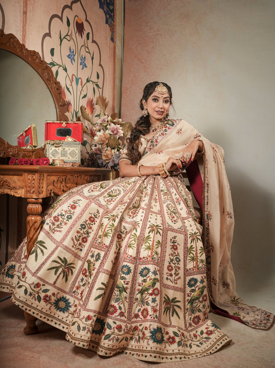 Off White Parrot Lehenga Set