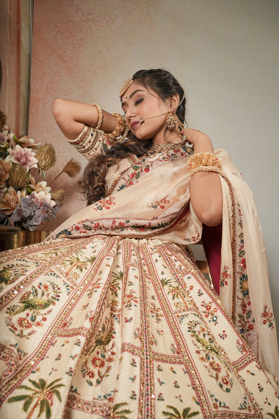 Off White Parrot Lehenga Set