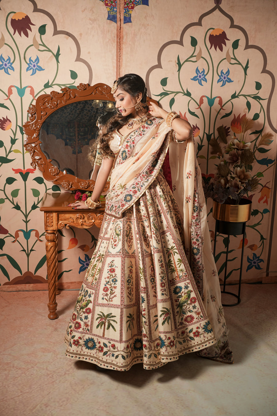 Off White Parrot Lehenga Set