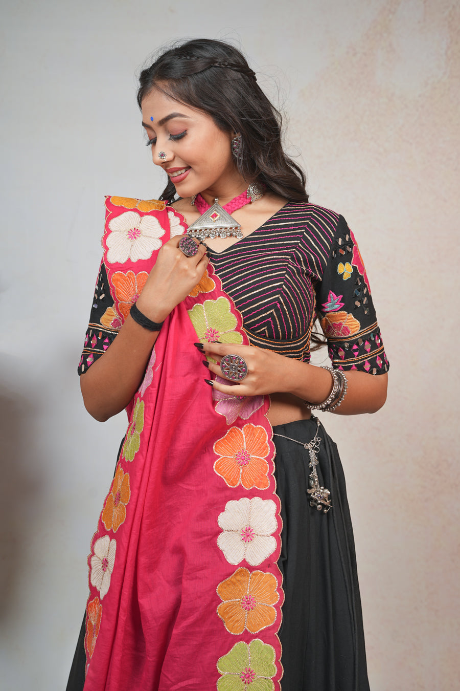 Black and Pink Flower Lehenga