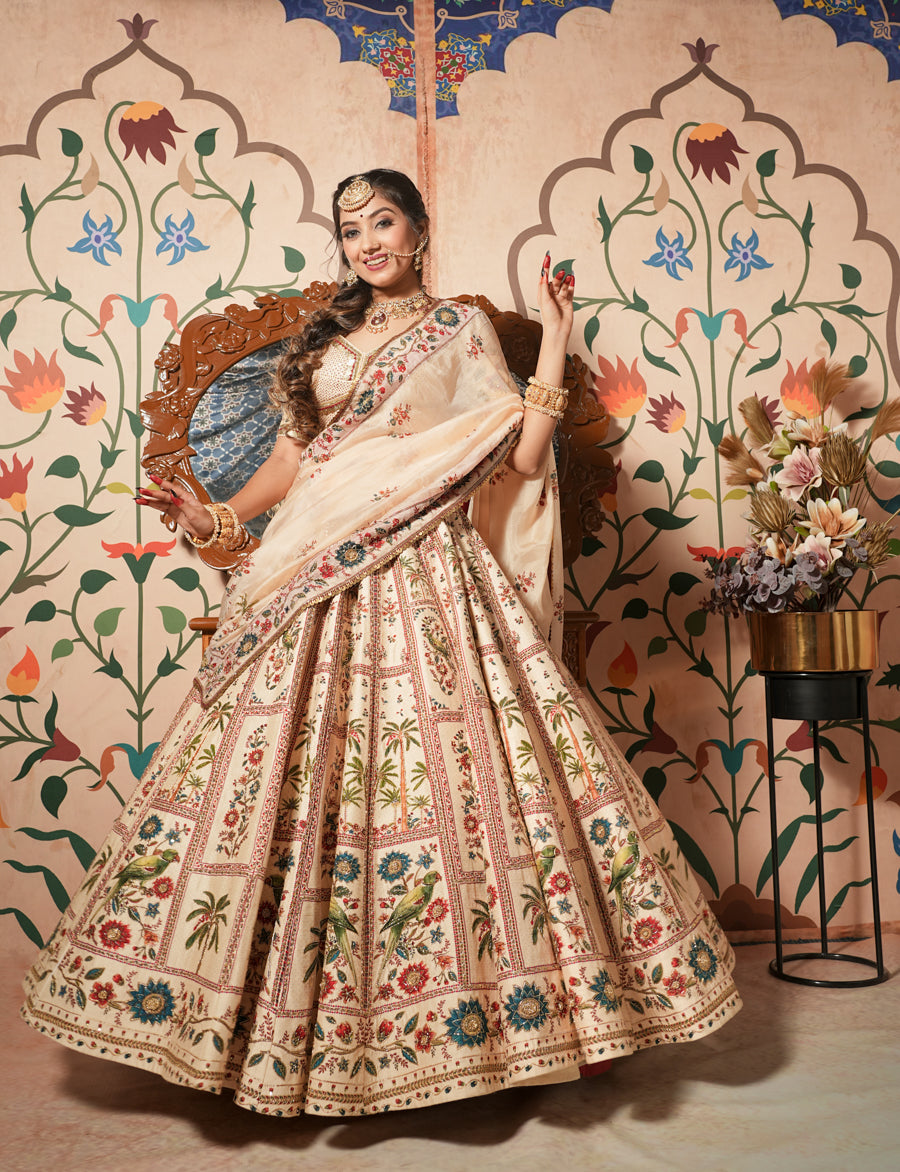 Off White Parrot Lehenga