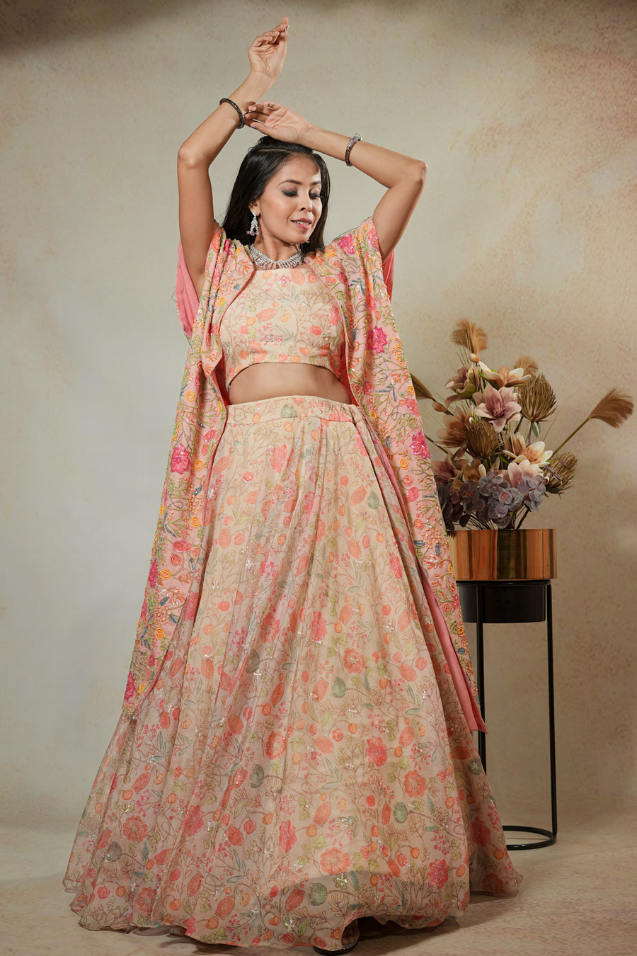 Peach Long Jacket Lehenga Set